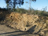 Von den Kraeften aus dem Untergrund schraeg gestellte Gesteinsschichten, die beim Wegebau im Mata Nacional bei Tavira freigelegt wurden.